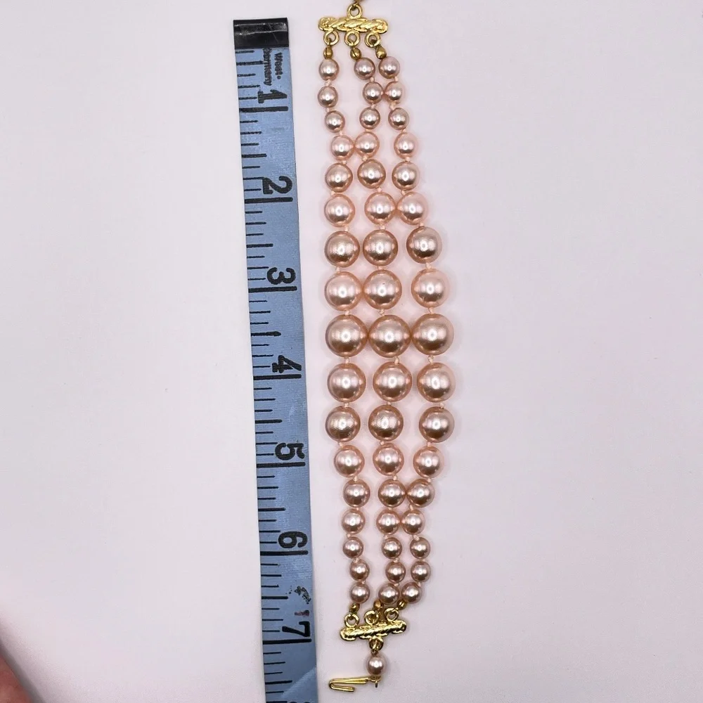 KJL Kenneth J Lane Bracelet Pink Glass Pearl 3 Strand Adjustable up to 9" - Picture 4 of 12